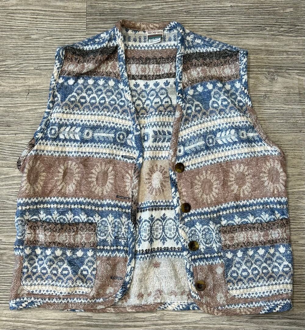 Vintage 90s Knit Sweater Vest Small Patterned Southwest Boho Festival Earth Blue